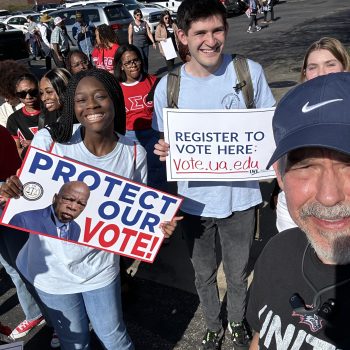 Bridge Crossing Jubilee Co-director Dr. Richard Fording (front right) with RMV interns and UA students Julienne Parham (left) and Daniel Lynn (Center) at the 2024 Bridge Crossing Jubilee in Selma, Alabama